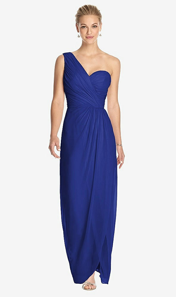 Front View - Cobalt Blue One-Shoulder Draped Maxi Dress with Front Slit - Aeryn