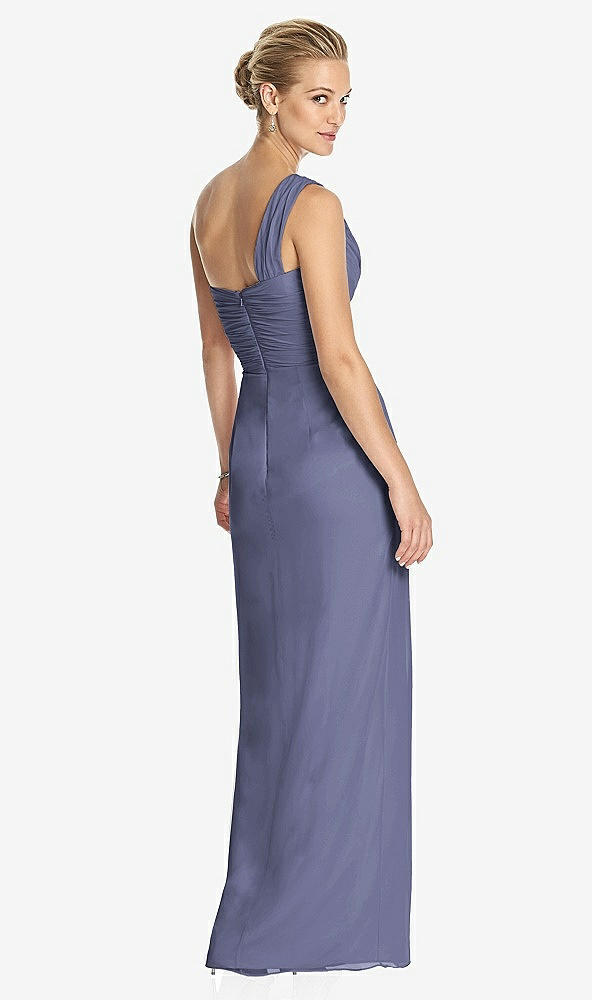 Back View - French Blue One-Shoulder Draped Maxi Dress with Front Slit - Aeryn