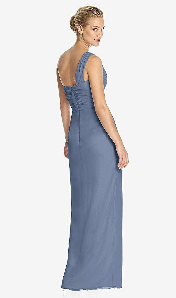 Back View - Larkspur Blue One-Shoulder Draped Maxi Dress with Front Slit - Aeryn