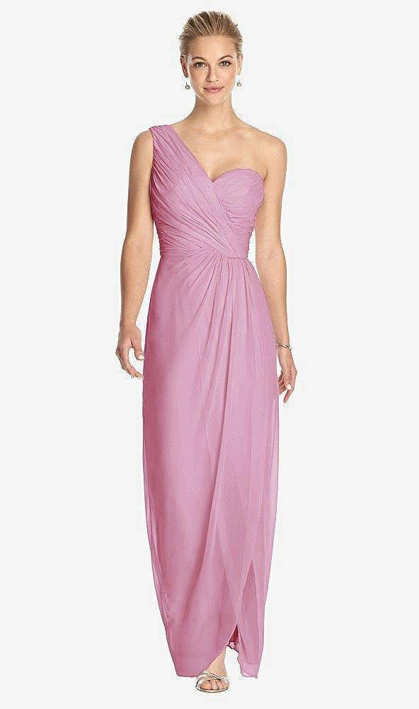 Front View - Powder Pink One-Shoulder Draped Maxi Dress with Front Slit - Aeryn