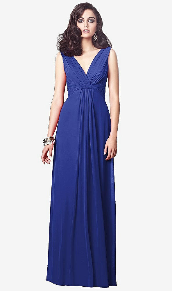 Front View - Cobalt Blue Draped V-Neck Shirred Chiffon Maxi Dress