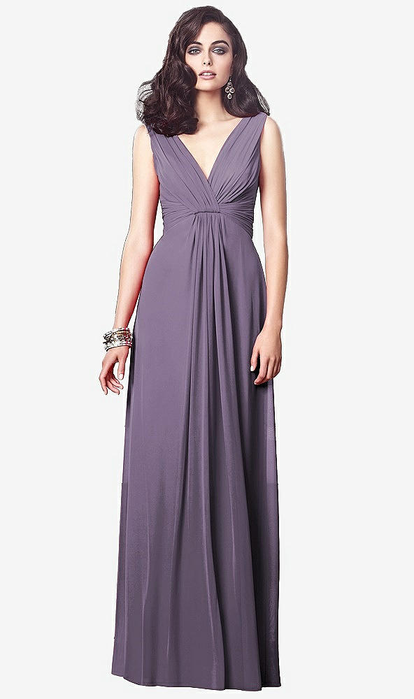 Front View - Lavender Draped V-Neck Shirred Chiffon Maxi Dress