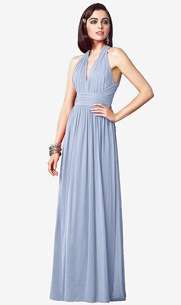 Front View - Sky Blue Ruched Halter Open-Back Maxi Dress - Jada
