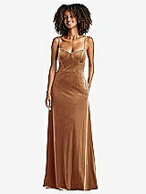Front View Thumbnail - Golden Almond Bustier Velvet Maxi Dress with Pockets