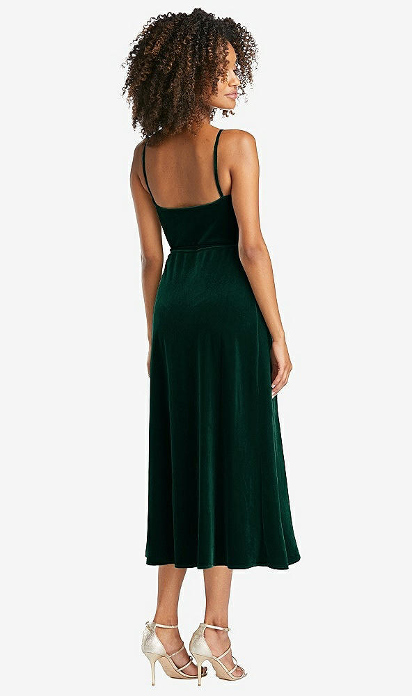Back View - Evergreen Velvet Midi Wrap Dress with Pockets