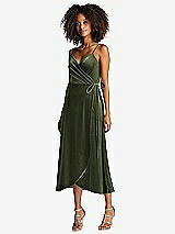 Front View Thumbnail - Olive Green Velvet Midi Wrap Dress with Pockets