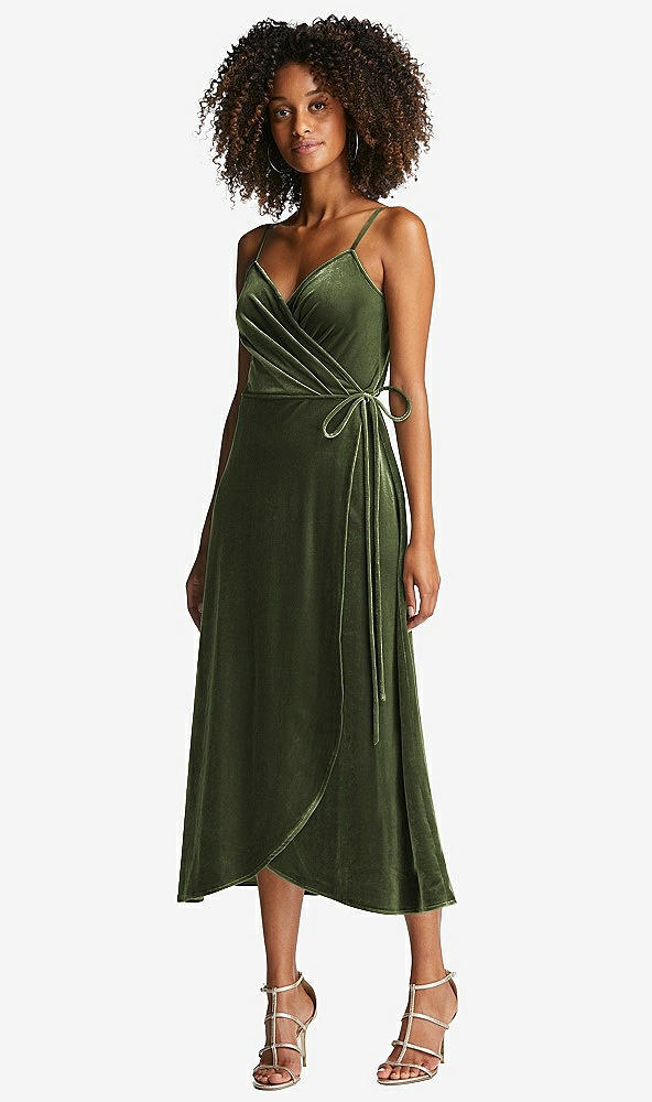 Front View - Olive Green Velvet Midi Wrap Dress with Pockets