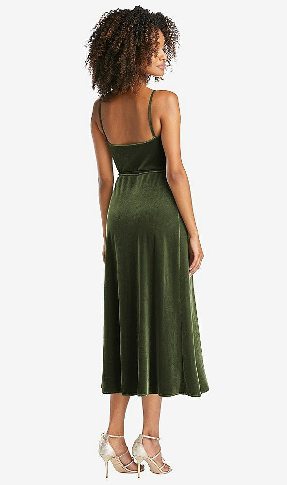 Back View - Olive Green Velvet Midi Wrap Dress with Pockets