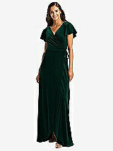 Front View Thumbnail - Evergreen Flutter Sleeve Velvet Wrap Maxi Dress with Pockets