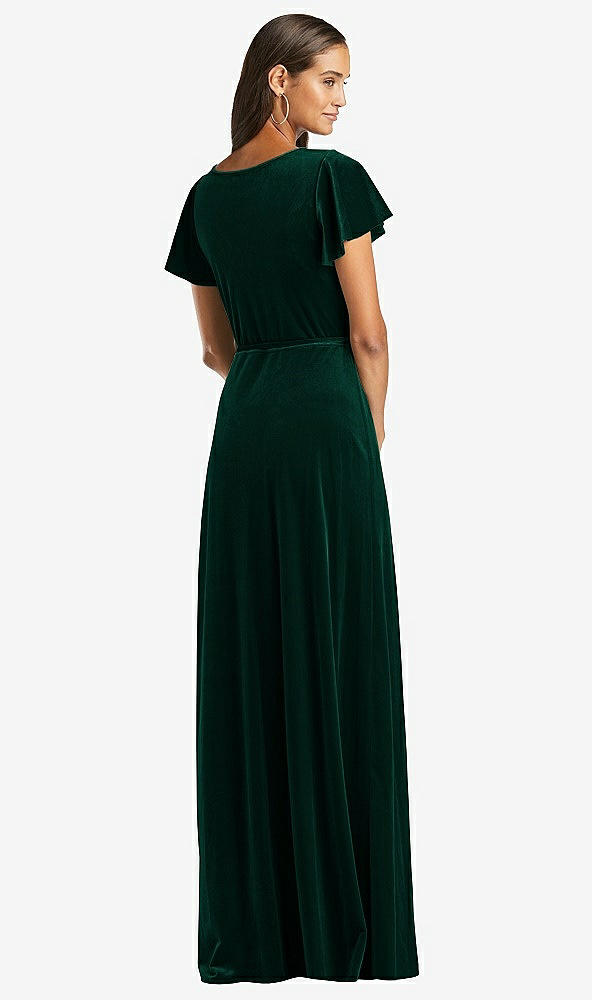 Back View - Evergreen Flutter Sleeve Velvet Wrap Maxi Dress with Pockets