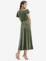 Rear View Thumbnail - Sage Flutter Sleeve Velvet Midi Wrap Dress with Pockets