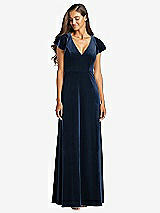 Front View Thumbnail - Midnight Navy Flutter Sleeve Velvet Maxi Dress with Pockets