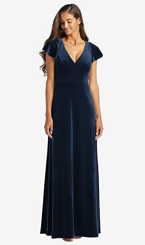 Front View - Midnight Navy Flutter Sleeve Velvet Maxi Dress with Pockets