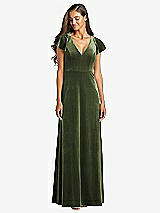 Front View Thumbnail - Olive Green Flutter Sleeve Velvet Maxi Dress with Pockets