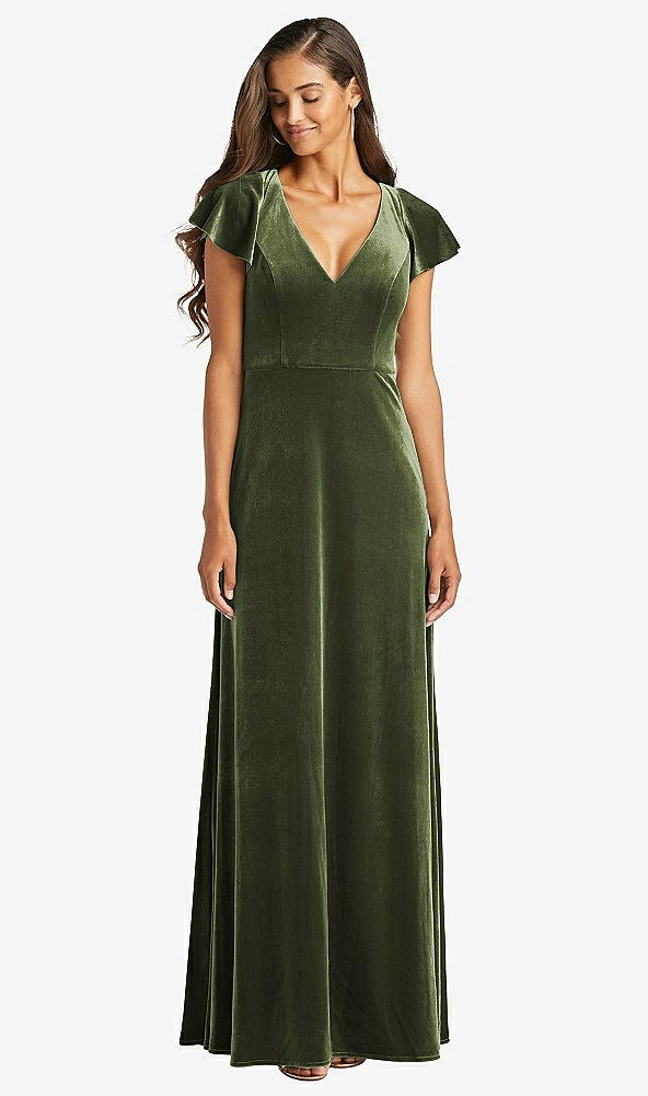 Front View - Olive Green Flutter Sleeve Velvet Maxi Dress with Pockets