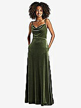 Front View Thumbnail - Olive Green Cowl-Neck Velvet Maxi Dress with Pockets
