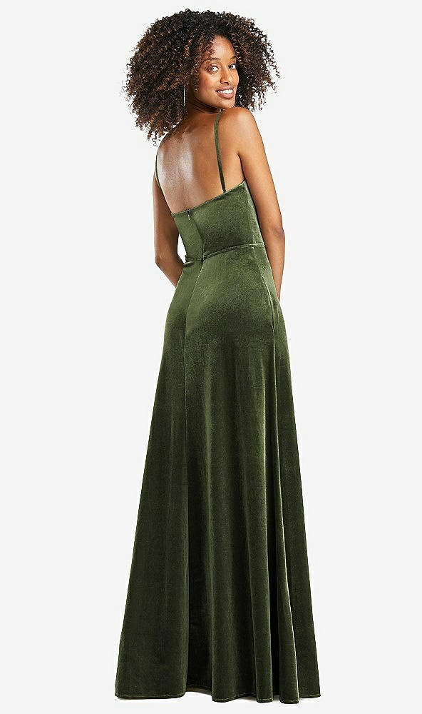 Back View - Olive Green Cowl-Neck Velvet Maxi Dress with Pockets