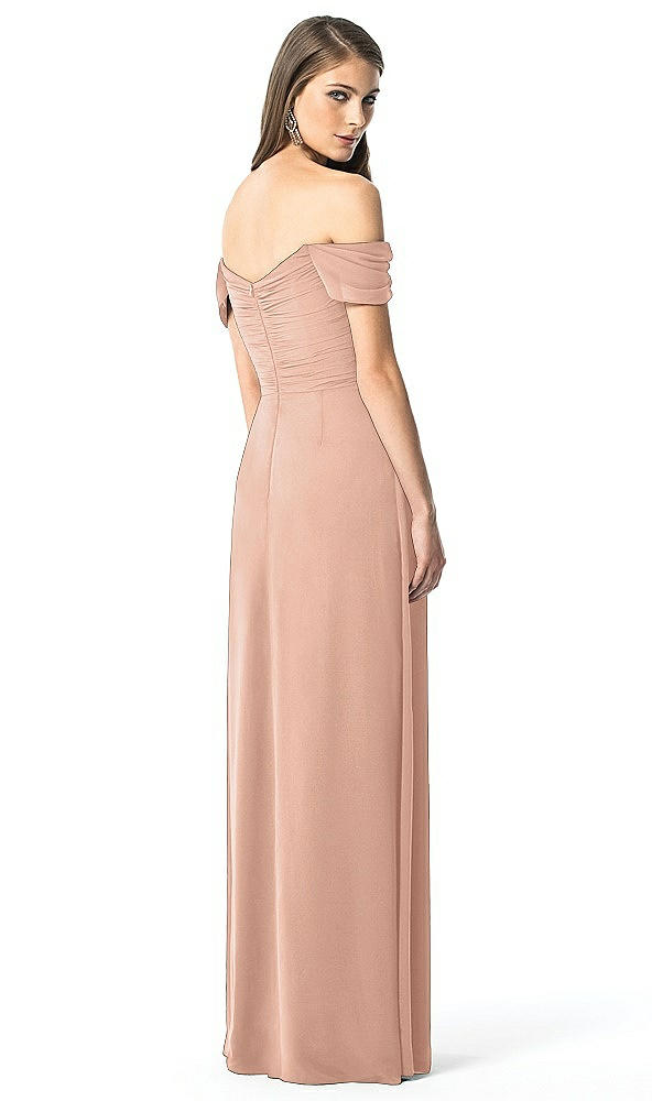 Back View - Pale Peach Off-the-Shoulder Ruched Chiffon Maxi Dress - Alessia