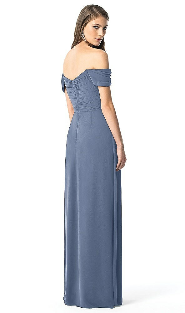Back View - Larkspur Blue Off-the-Shoulder Ruched Chiffon Maxi Dress - Alessia