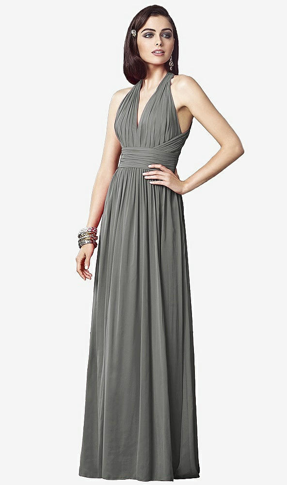Front View - Charcoal Gray Ruched Halter Open-Back Maxi Dress - Jada