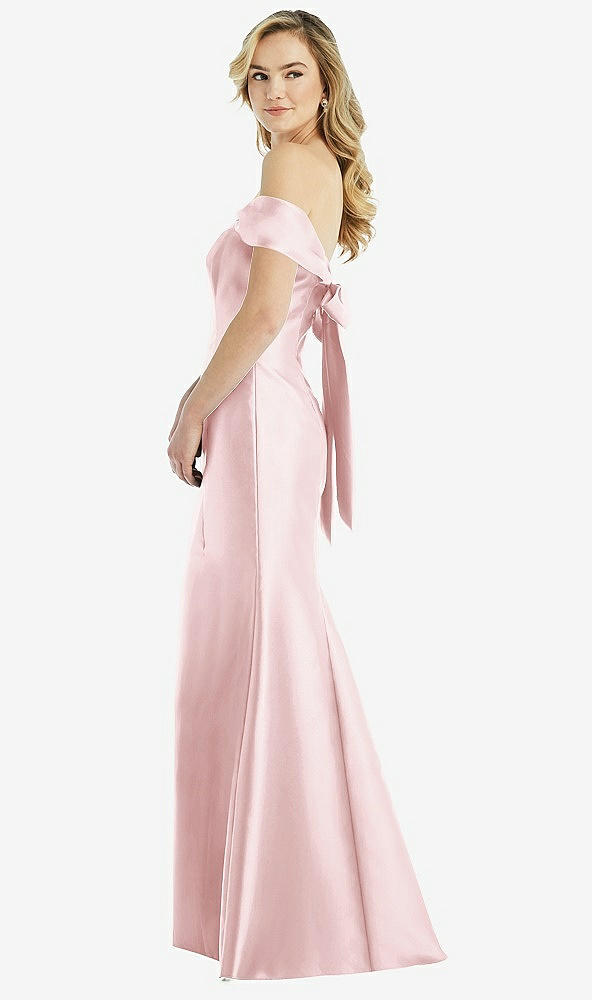 Front View - Ballet Pink Off-the-Shoulder Bow-Back Satin Trumpet Gown
