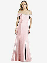 Side View Thumbnail - Ballet Pink Off-the-Shoulder Bow-Back Satin Trumpet Gown