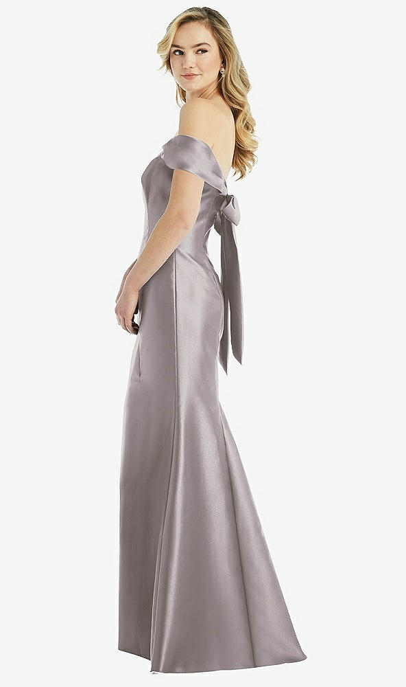 Front View - Cashmere Gray Off-the-Shoulder Bow-Back Satin Trumpet Gown