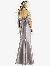 Rear View Thumbnail - Cashmere Gray Off-the-Shoulder Bow-Back Satin Trumpet Gown