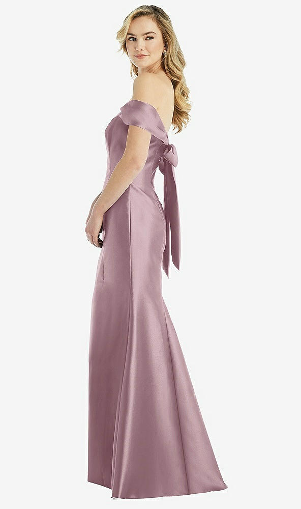 Front View - Dusty Rose Off-the-Shoulder Bow-Back Satin Trumpet Gown