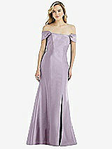 Side View Thumbnail - Lilac Haze Off-the-Shoulder Bow-Back Satin Trumpet Gown