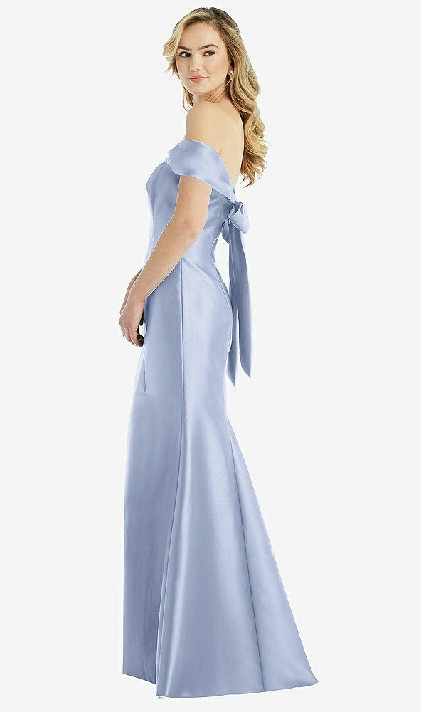 Front View - Sky Blue Off-the-Shoulder Bow-Back Satin Trumpet Gown