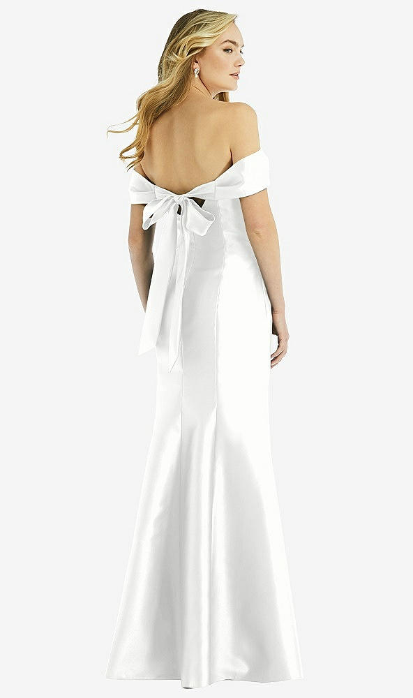 Back View - White Off-the-Shoulder Bow-Back Satin Trumpet Gown