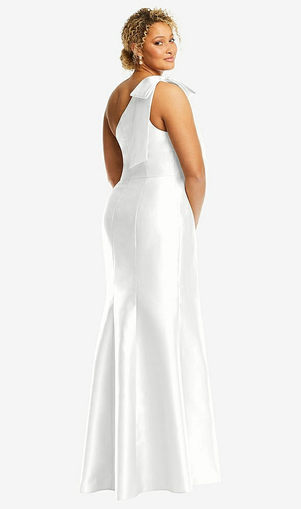Back View - White Bow One-Shoulder Satin Trumpet Gown