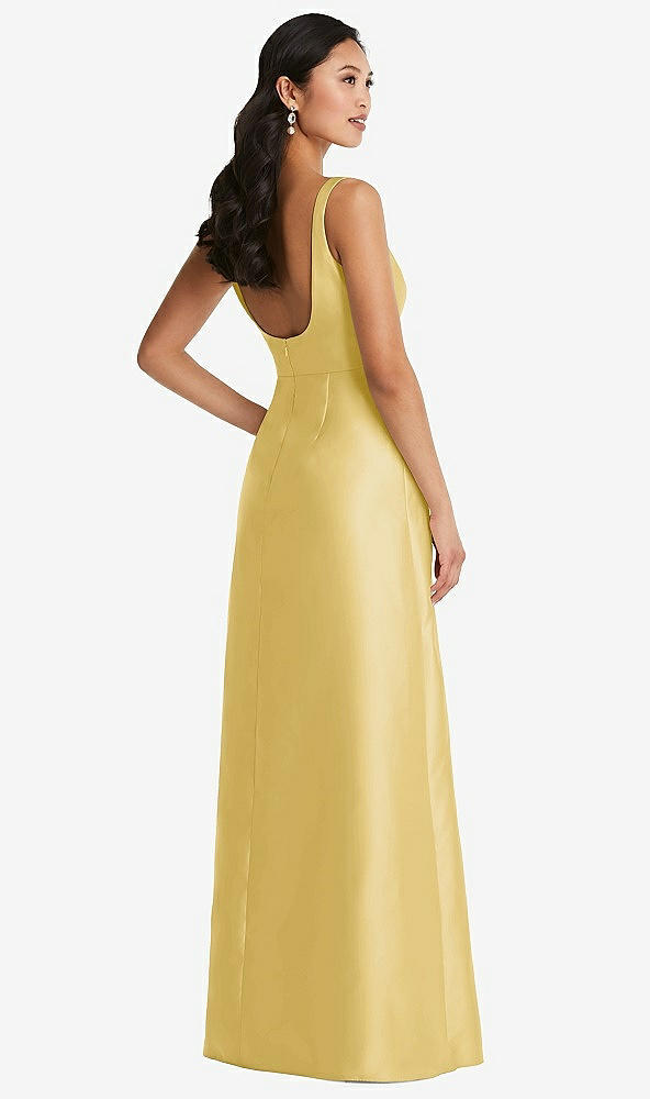 Back View - Maize Pleated Bodice Open-Back Maxi Dress with Pockets