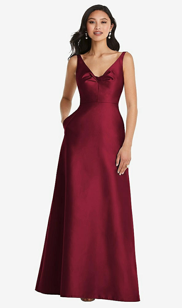 Front View - Burgundy Pleated Bodice Open-Back Maxi Dress with Pockets