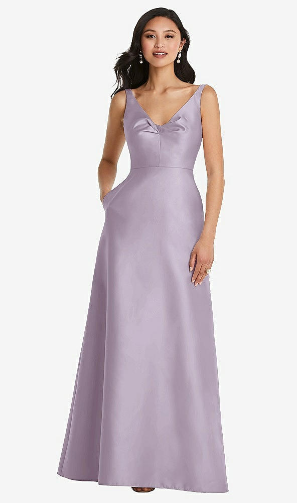 Front View - Lilac Haze Pleated Bodice Open-Back Maxi Dress with Pockets