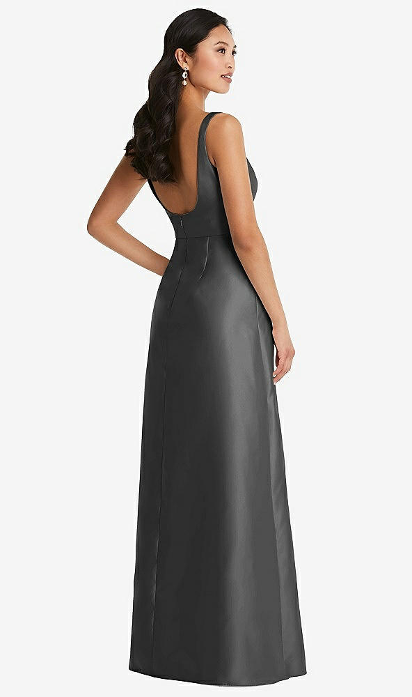 Back View - Pewter Pleated Bodice Open-Back Maxi Dress with Pockets