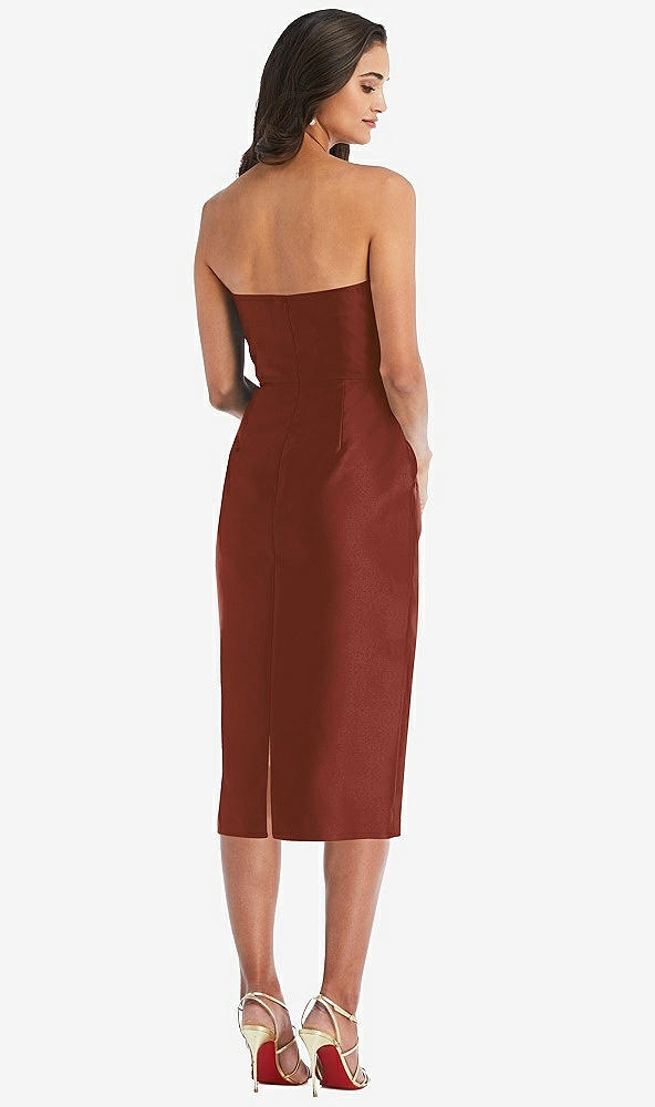 Back View - Auburn Moon Strapless Bow-Waist Pleated Satin Pencil Dress with Pockets