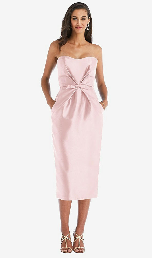Front View - Ballet Pink Strapless Bow-Waist Pleated Satin Pencil Dress with Pockets