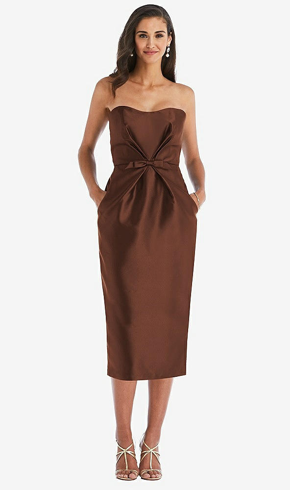 Front View - Cognac Strapless Bow-Waist Pleated Satin Pencil Dress with Pockets