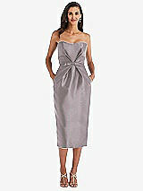 Front View Thumbnail - Cashmere Gray Strapless Bow-Waist Pleated Satin Pencil Dress with Pockets