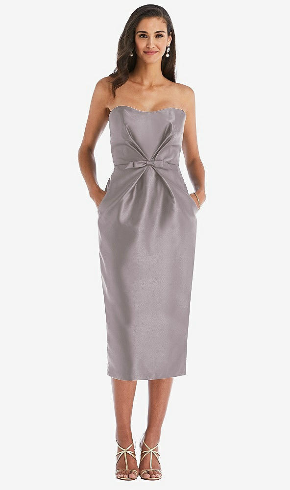 Front View - Cashmere Gray Strapless Bow-Waist Pleated Satin Pencil Dress with Pockets
