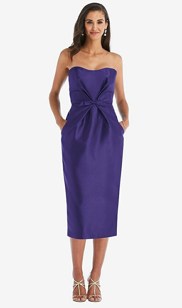 Front View - Grape Strapless Bow-Waist Pleated Satin Pencil Dress with Pockets
