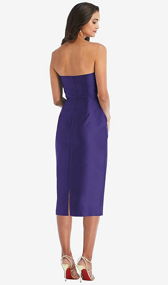 Back View - Grape Strapless Bow-Waist Pleated Satin Pencil Dress with Pockets