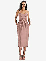 Front View Thumbnail - Neu Nude Strapless Bow-Waist Pleated Satin Pencil Dress with Pockets