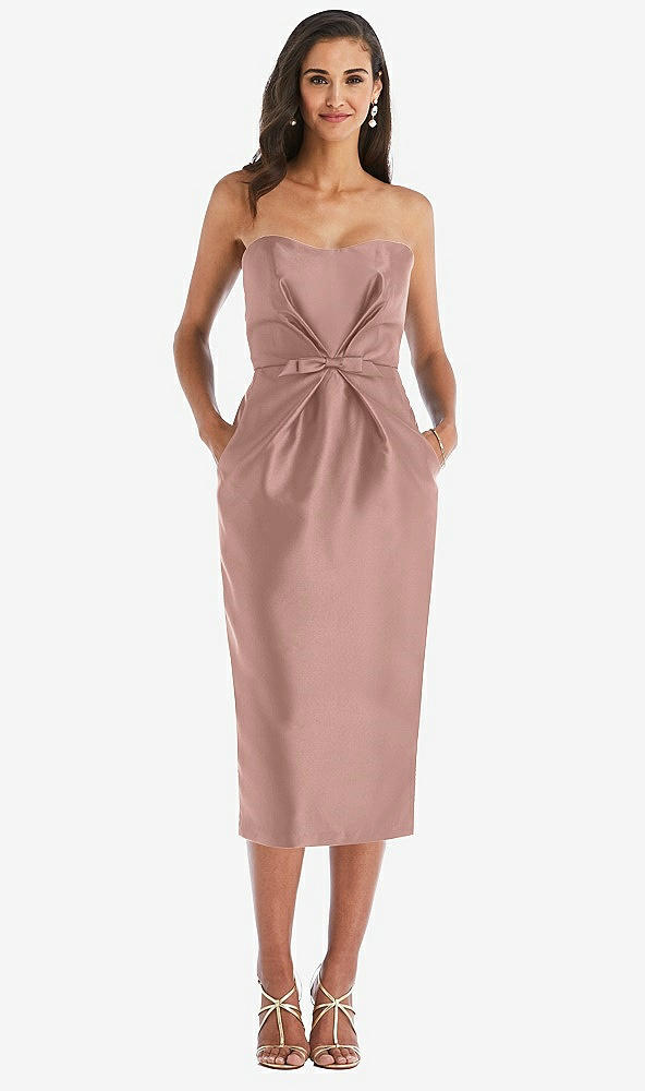 Front View - Neu Nude Strapless Bow-Waist Pleated Satin Pencil Dress with Pockets