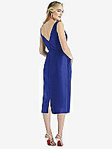 Rear View Thumbnail - Cobalt Blue Sleeveless Bow-Waist Pleated Satin Pencil Dress with Pockets