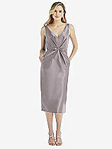 Front View Thumbnail - Cashmere Gray Sleeveless Bow-Waist Pleated Satin Pencil Dress with Pockets