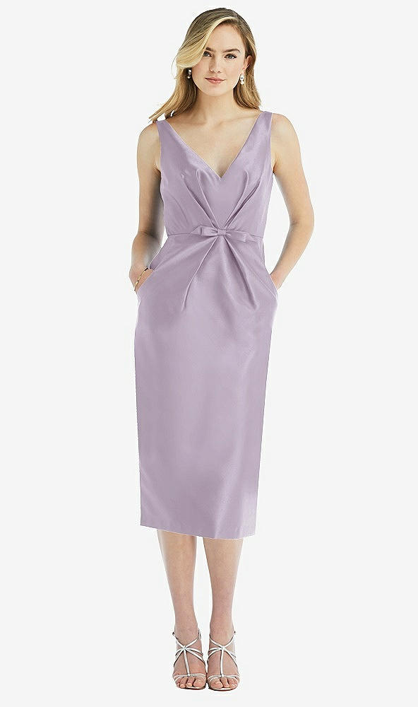Front View - Lilac Haze Sleeveless Bow-Waist Pleated Satin Pencil Dress with Pockets