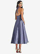 Rear View Thumbnail - French Blue Tie-Neck Halter Full Skirt Satin Midi Dress